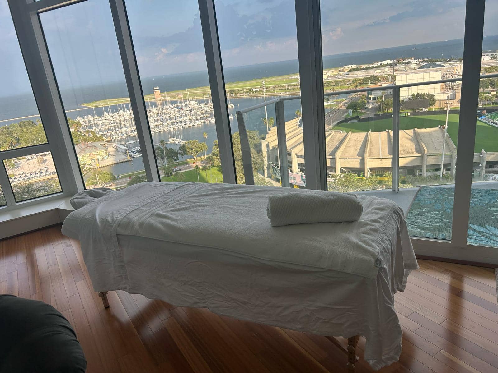 Professional massage setup with ocean view in St. Petersburg